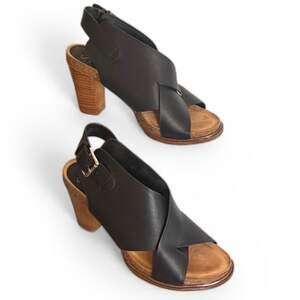 Söfft Mendi Black Leather Crossover Slingback Sandal Block Heel